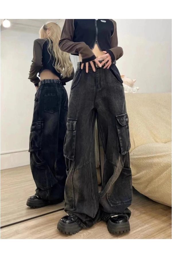 Gothic Cargo Flare Jeans: Y2K Grunge Aesthetic & Cute Tops Essential