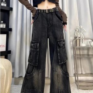 Gothic Cargo Flare Jeans: Y2K Grunge Aesthetic & Cute Tops Essential