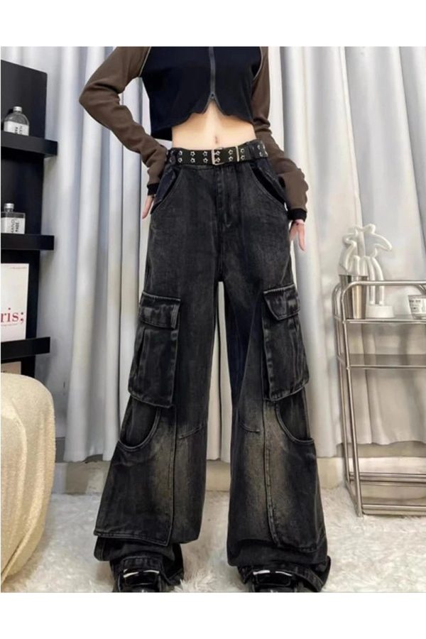 Gothic Cargo Flare Jeans: Y2K Grunge Aesthetic & Cute Tops Essential