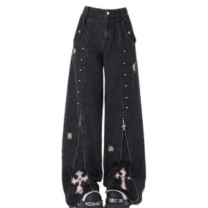 Gothic Cross Flare Jeans - Y2K Grunge Aesthetic & Cute Pastel Goth Style