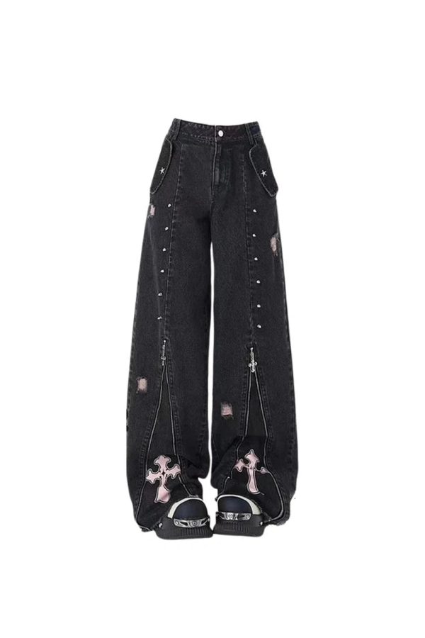 Gothic Cross Flare Jeans - Y2K Grunge Aesthetic & Cute Pastel Goth Style