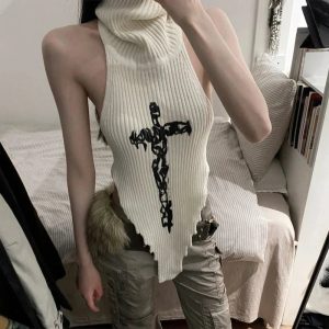 Gothic Cross Halter Knit Top - Y2K Fashion for Coquette & Grunge Aesthetics