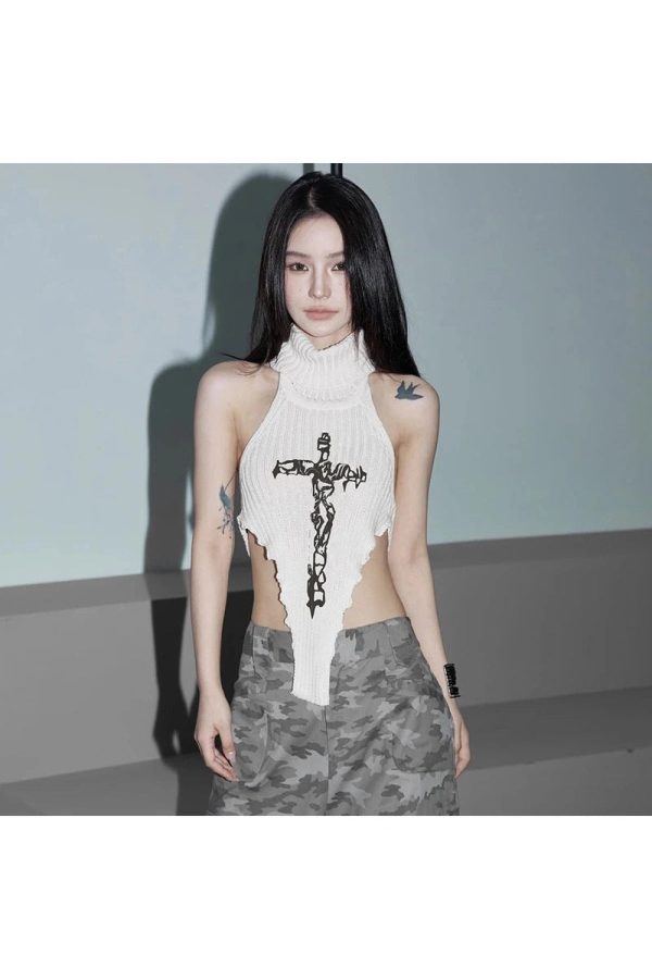 Gothic Cross Halter Knit Top - Y2K Fashion for Coquette & Grunge Aesthetics