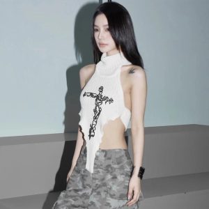 Gothic Cross Halter Knit Top - Y2K Fashion for Coquette & Grunge Aesthetics