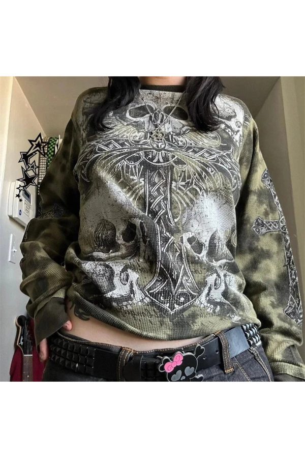 Gothic Cross & Skull Print Long Sleeve Top - Y2K Grunge Aesthetic Fashion