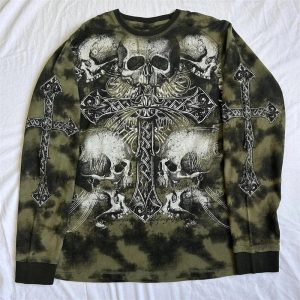 Gothic Cross & Skull Print Long Sleeve Top - Y2K Grunge Aesthetic Fashion