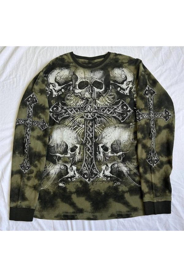 Gothic Cross & Skull Print Long Sleeve Top - Y2K Grunge Aesthetic Fashion