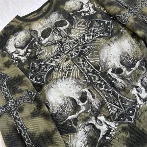 Gothic Cross & Skull Print Long Sleeve Top - Y2K Grunge Aesthetic Fashion