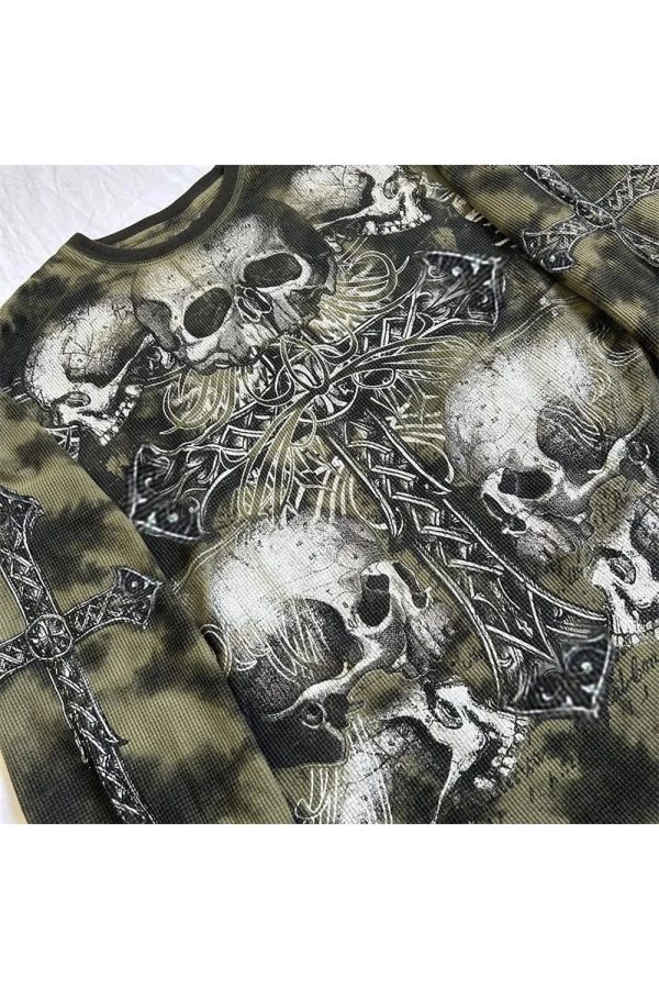 Gothic Cross & Skull Print Long Sleeve Top - Y2K Grunge Aesthetic Fashion