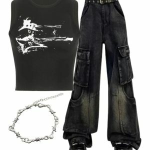 Gothic Y2K Outfit: Cargo Flare Jeans, Distressed Graphic Top & Bracelet