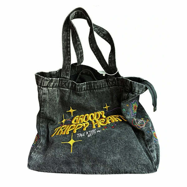 Groovy Trippy Heart Denim Bag - Y2K Aesthetic Must-Have for Outfits