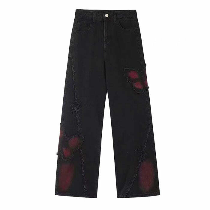 Grunge Aesthetic Black & Red Butterfly Jeans for Y2K Fashion Lovers