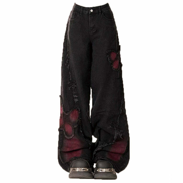 Grunge Aesthetic Black & Red Butterfly Jeans for Y2K Fashion Lovers