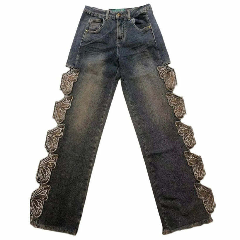 Grunge Aesthetic Butterfly Cut-Out Jeans for Y2K Fashion Lovers