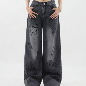 Grunge Aesthetic Cat Jeans for Y2K Fashion Lovers & Cute Outfits