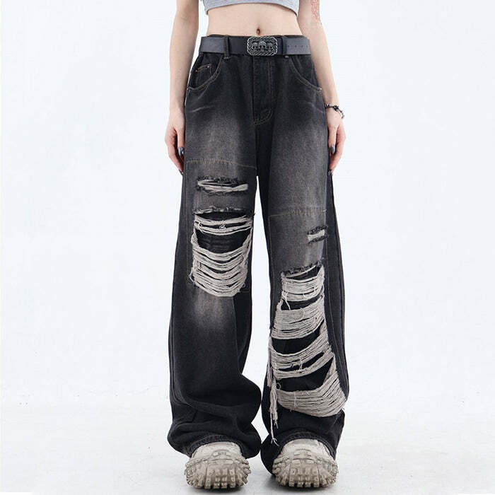 Grunge Aesthetic Ripped Wide Jeans for Y2K Fashion Lovers