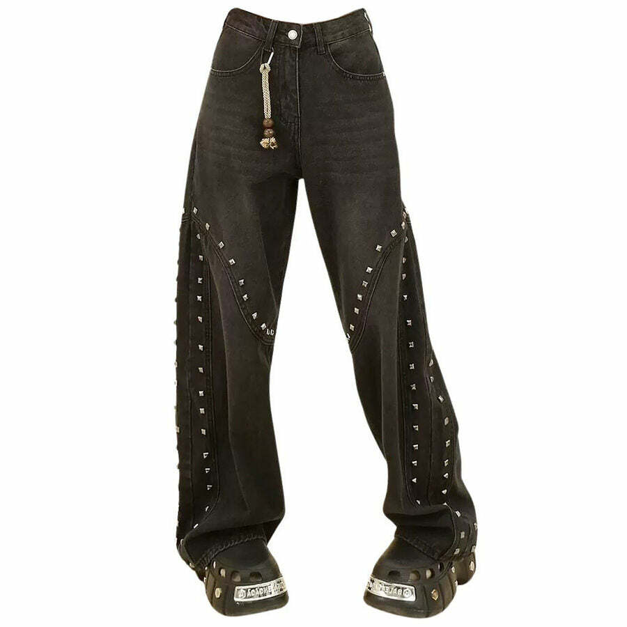 Grunge Aesthetic Rivet Jeans for Y2K Outfits & Cute Tops