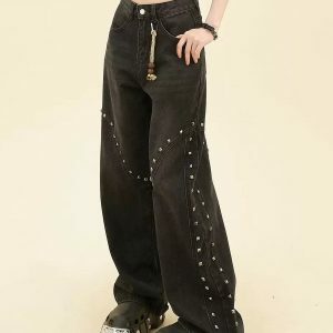 Grunge Aesthetic Rivet Jeans for Y2K Outfits & Cute Tops