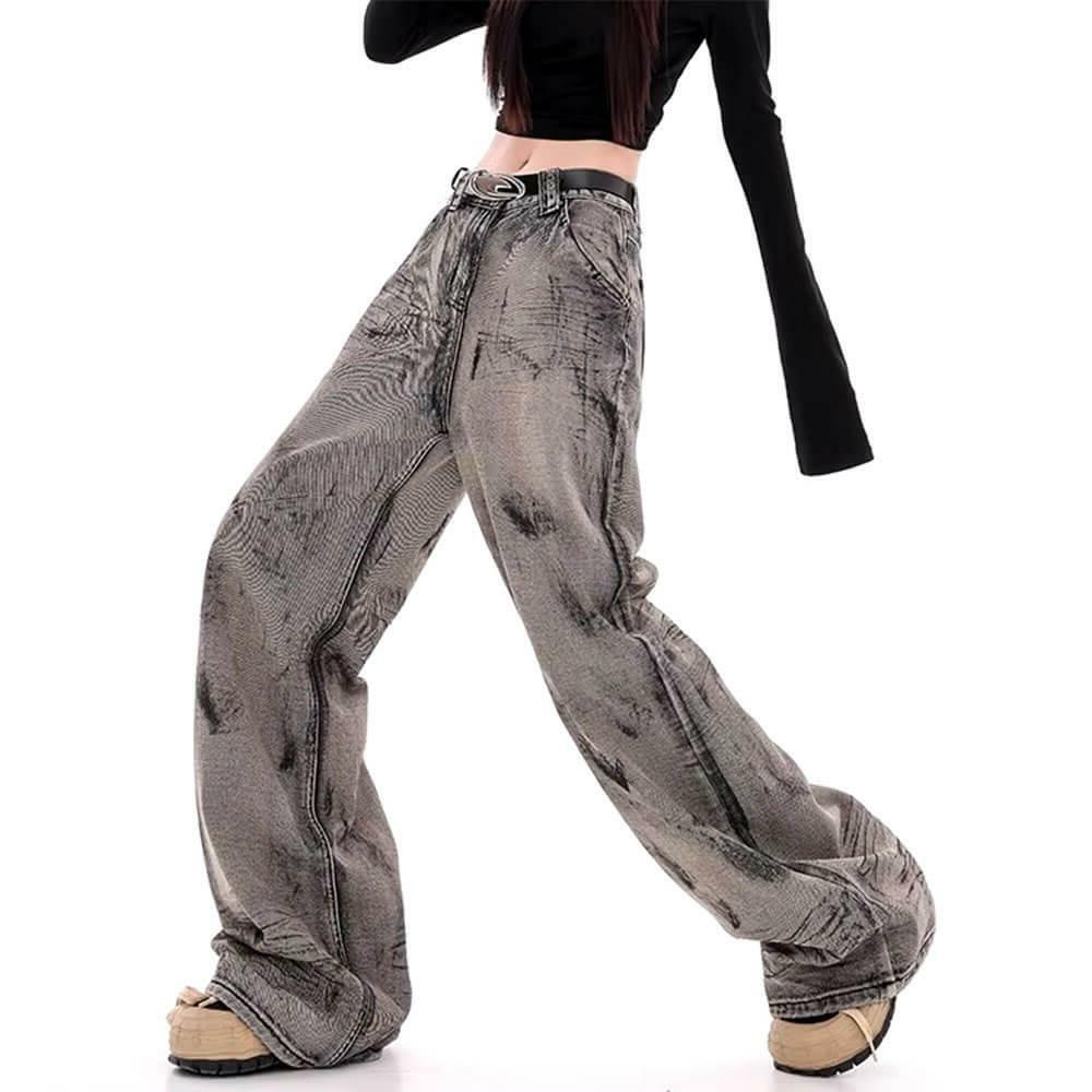 Grunge Aesthetic Wide-Leg Jeans in Grey | Y2K Fashion Must-Have