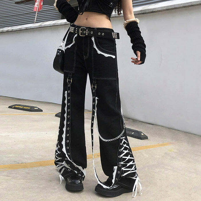 Grunge Lace-Up Baggy Jeans for Y2K Fashion & Coquette Aesthetic Outfits