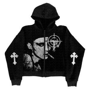 Grunge Noir Y2K Graphic Hoodie - Cute Tops for Coquette & Dark Aesthetic