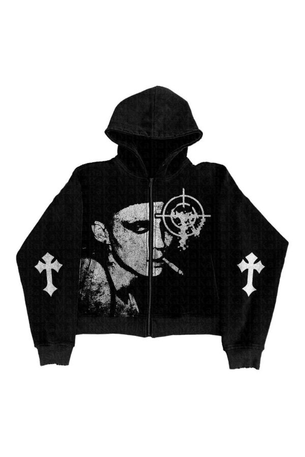 Grunge Noir Y2K Graphic Hoodie - Cute Tops for Coquette & Dark Aesthetic