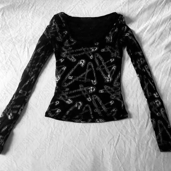 Grunge Safety Pin Long Sleeve Top - Y2K Aesthetic Cute Top for Trendy Looks