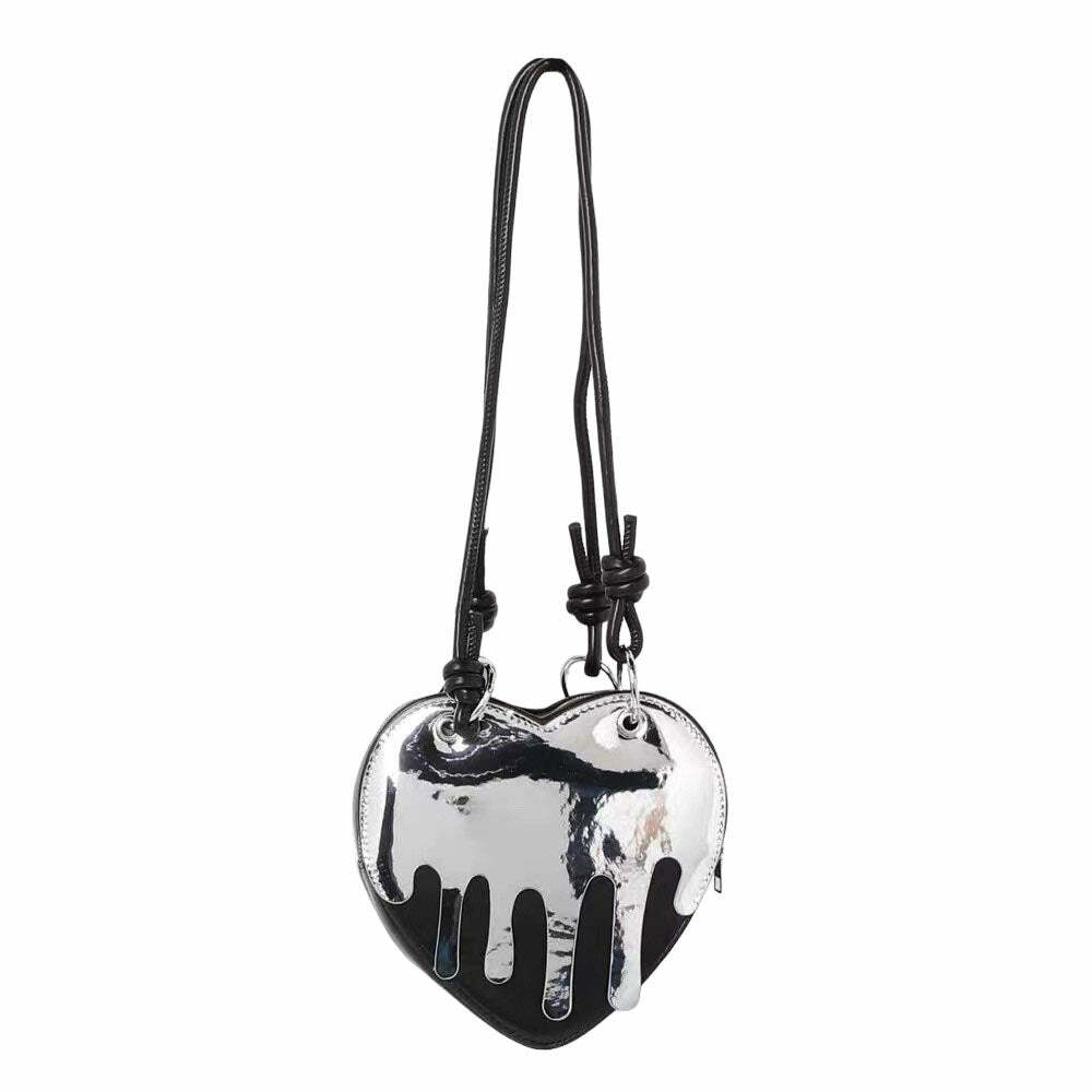 Grunge Silver Drip Heart Handbag - Y2K Aesthetic Accessory for Trendy Looks