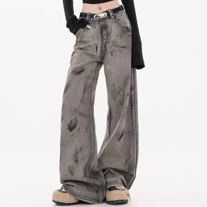 Grunge Splatter Wide-Leg Jeans for Y2K Fashion & Aesthetic Outfits