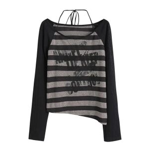 Grunge Striped Slouch Top - Y2K Fashion for Coquette & Aesthetic Vibes