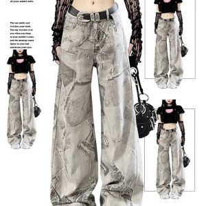 Grunge Washed Graffiti Wide-Leg Jeans for Y2K Fashion Aesthetic Lovers