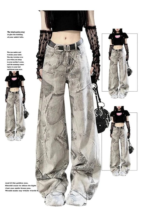 Grunge Washed Graffiti Wide-Leg Jeans for Y2K Fashion Aesthetic Lovers