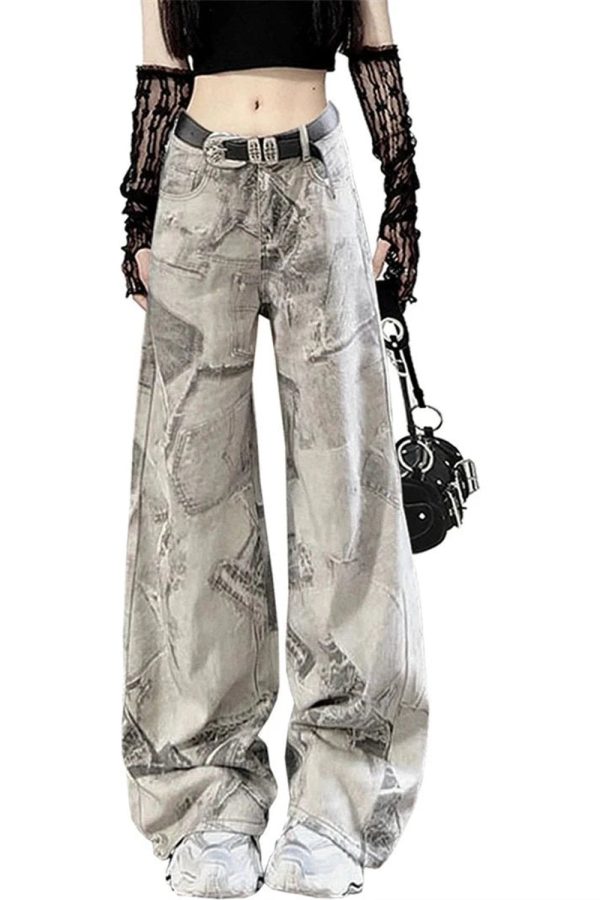 Grunge Washed Graffiti Wide-Leg Jeans for Y2K Fashion Aesthetic Lovers