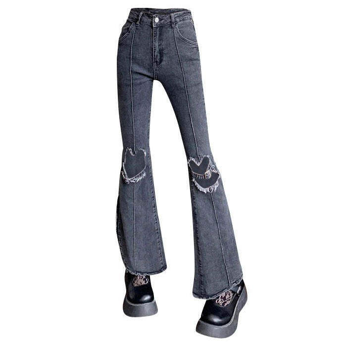 Heart Cut Out Grunge Flare Jeans - Y2K Fashion for Coquette Aesthetic