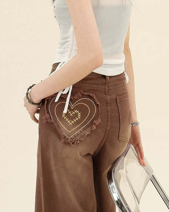 Heart Pocket Brown Jeans - Y2K Fashion for Coquette & Grunge Aesthetics