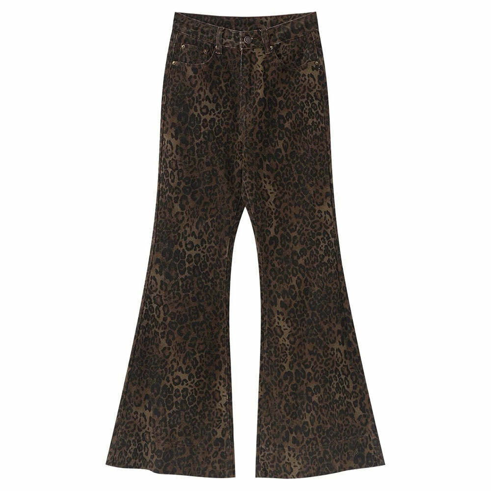 High-Waisted Leopard Flare Jeans for Y2K Fashion & Coquette Aesthetic