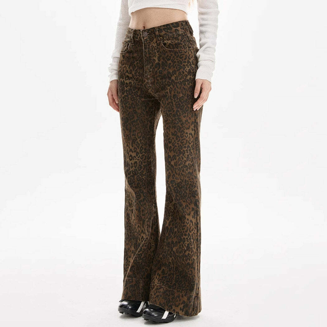 High-Waisted Leopard Flare Jeans for Y2K Fashion & Coquette Aesthetic