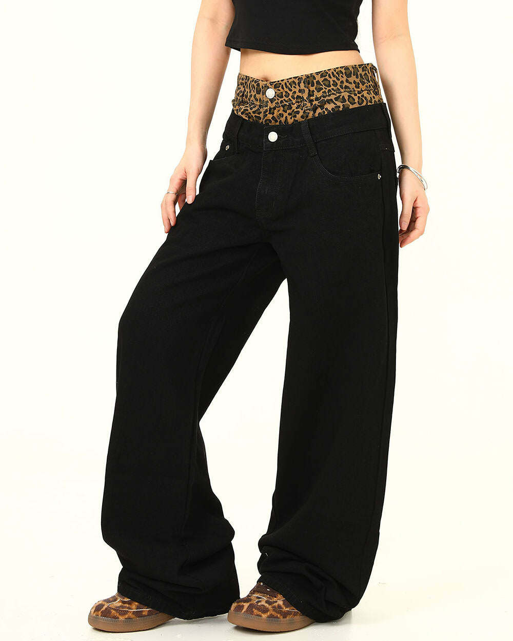 Inner Leopard Layered Jeans: Y2K Fashion Meets Grunge Aesthetic Style