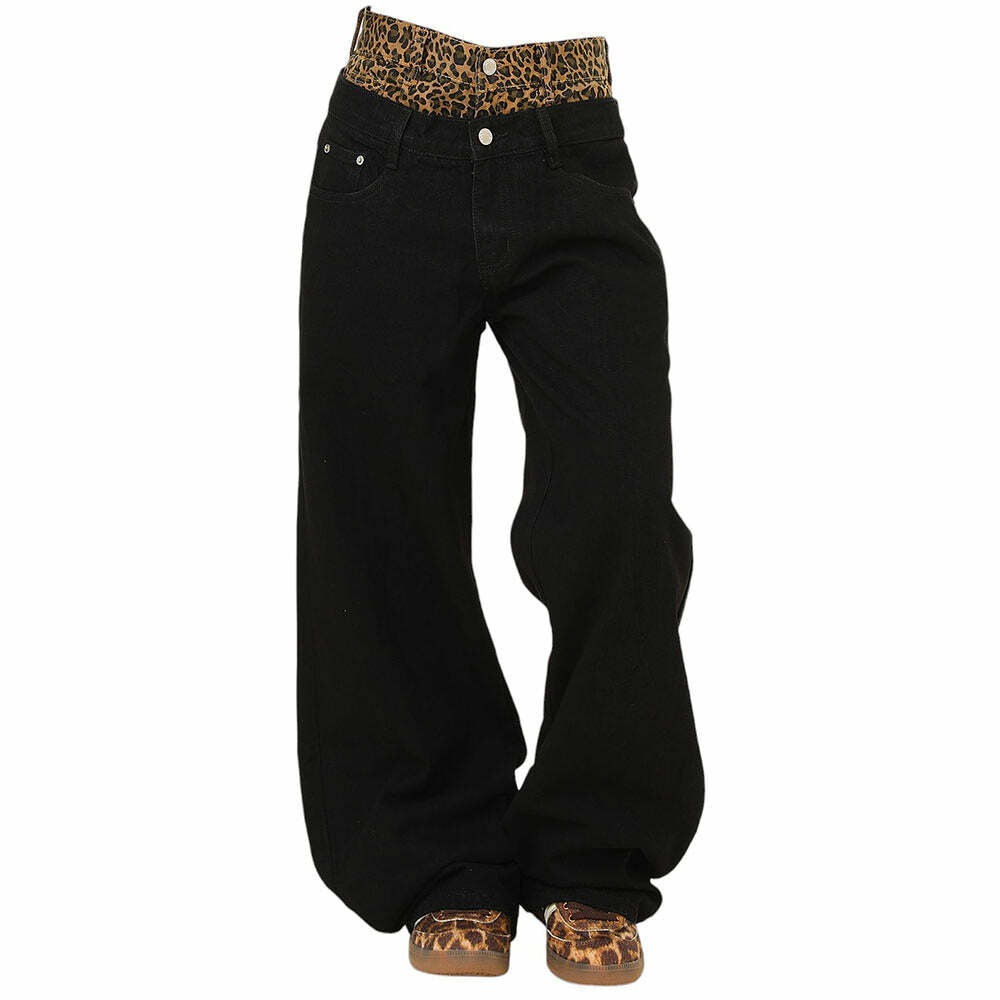 Inner Leopard Layered Jeans: Y2K Fashion Meets Grunge Aesthetic Style