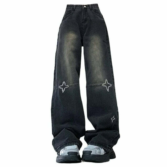 Knee Star Black Y2K Jeans: Trendy Grunge Aesthetic for Modern Outfits