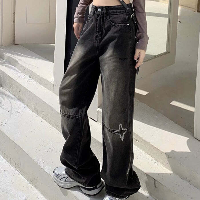 Knee Star Black Y2K Jeans: Trendy Grunge Aesthetic for Modern Outfits