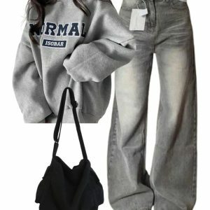 Korean Baggy Denim Pants & Oversized Graphic Sweatshirt + Black Y2K Bag