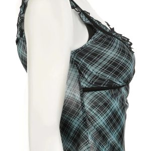 Lace-Trim Plaid Mesh Top for Y2K Fashion: Cute Coquette & Grunge Aesthetic