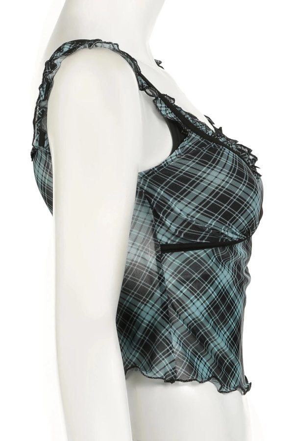 Lace-Trim Plaid Mesh Top for Y2K Fashion: Cute Coquette & Grunge Aesthetic