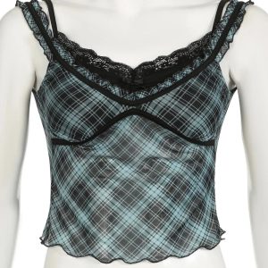 Lace-Trim Plaid Mesh Top for Y2K Fashion: Cute Coquette & Grunge Aesthetic