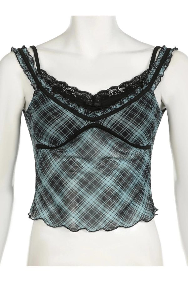 Lace-Trim Plaid Mesh Top for Y2K Fashion: Cute Coquette & Grunge Aesthetic