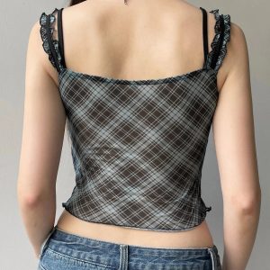 Lace-Trim Plaid Mesh Top for Y2K Fashion: Cute Coquette & Grunge Aesthetic