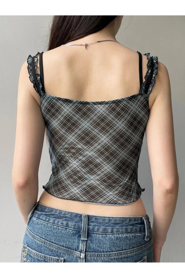 Lace-Trim Plaid Mesh Top for Y2K Fashion: Cute Coquette & Grunge Aesthetic