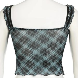 Lace-Trim Plaid Mesh Top for Y2K Fashion: Cute Coquette & Grunge Aesthetic