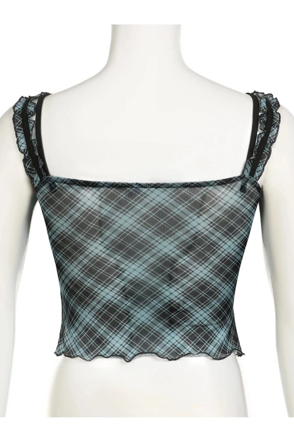 Lace-Trim Plaid Mesh Top for Y2K Fashion: Cute Coquette & Grunge Aesthetic